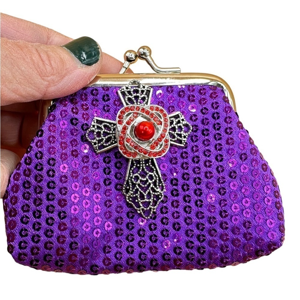 Purple Sequin Snap Jewelry Change Purse with Silver Cross & 18mm Red Pearl Snap!
